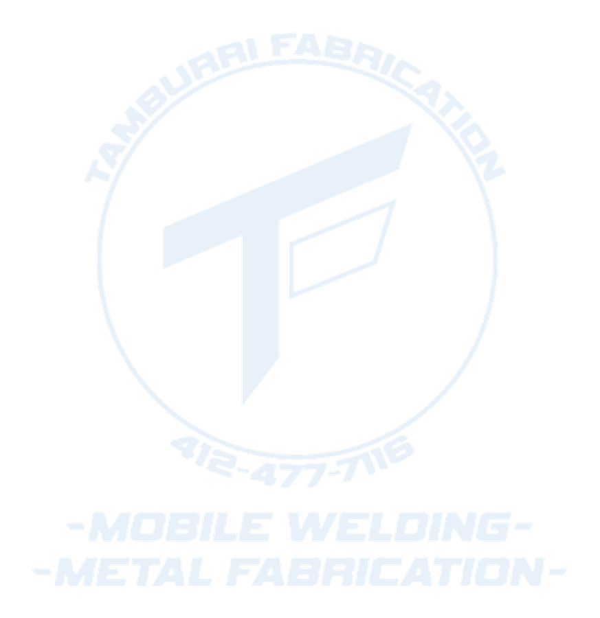 Tamburri Fabrication logo: TF monogram, 412-477-7116, mobile welding and metal fabrication